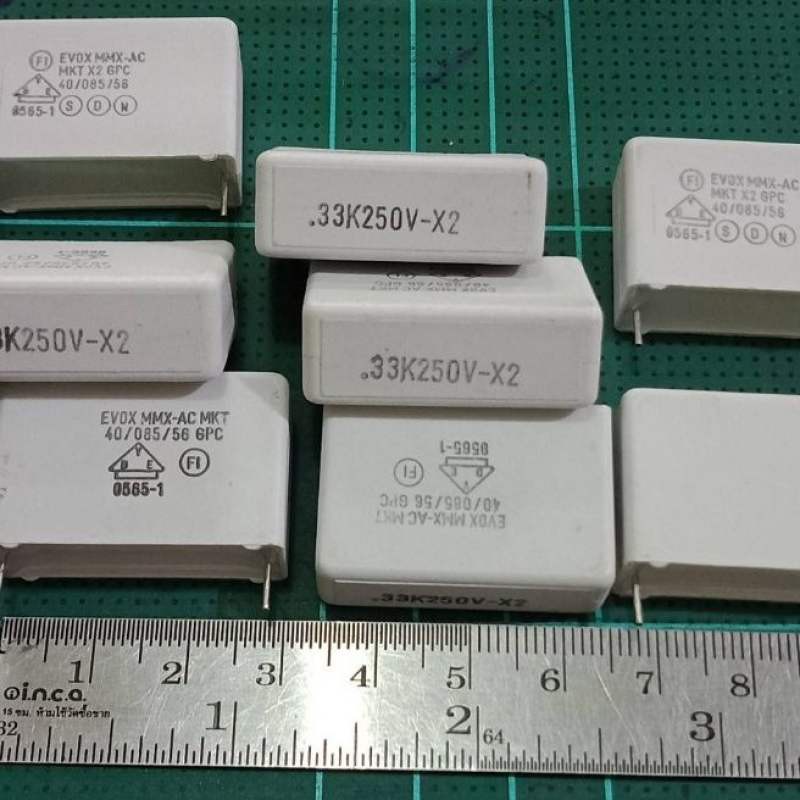 (แพ็ค1ชิ้น/5ชิ้น) C 0.33UF 250V (334=330NF) EVOXสีขาว MKT ขาห่าง 28 มิล ของแท้ 0.33UF 250V- X2 C0.33