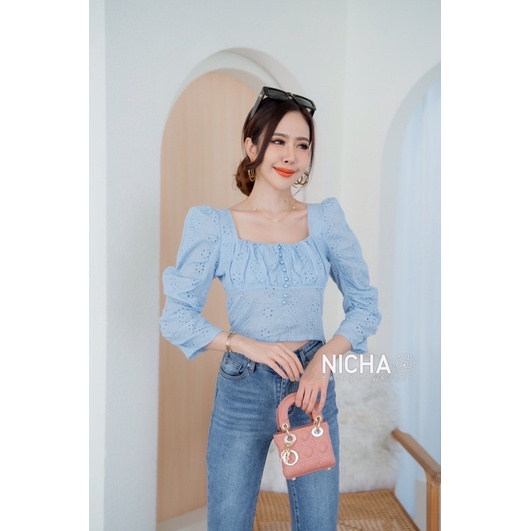 NICHA online🛒เสื้อครอปผ้า ZARA cottonเนื้อนุ่ม ลายฉลุดอกไม้ ดีไซน์น่ารักแขนยก ตกแต่งกระดุมมุกตามสีผ้า สีพาสเทลสุดฮิต - รูปที่ 5