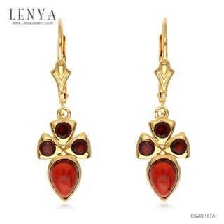 Lenya Jewelry ต่างหูเงินแท้ ชุบทอง ประดับโกเมน