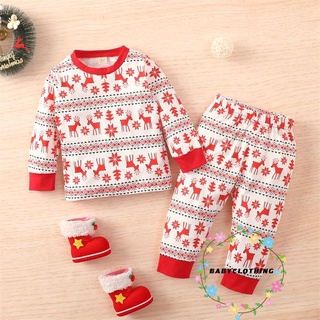 BBCQ-Baby Christmas Long Sleeve + Trousers, Elk Snowflake Pattern Elastic Waist Festive Clothing