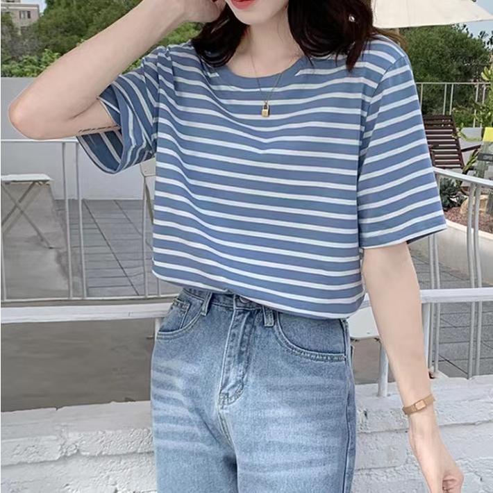 Retro green striped short-sleeved T-shirt women's loose casual thin round neck bottoming shirt top buy one get one free #5