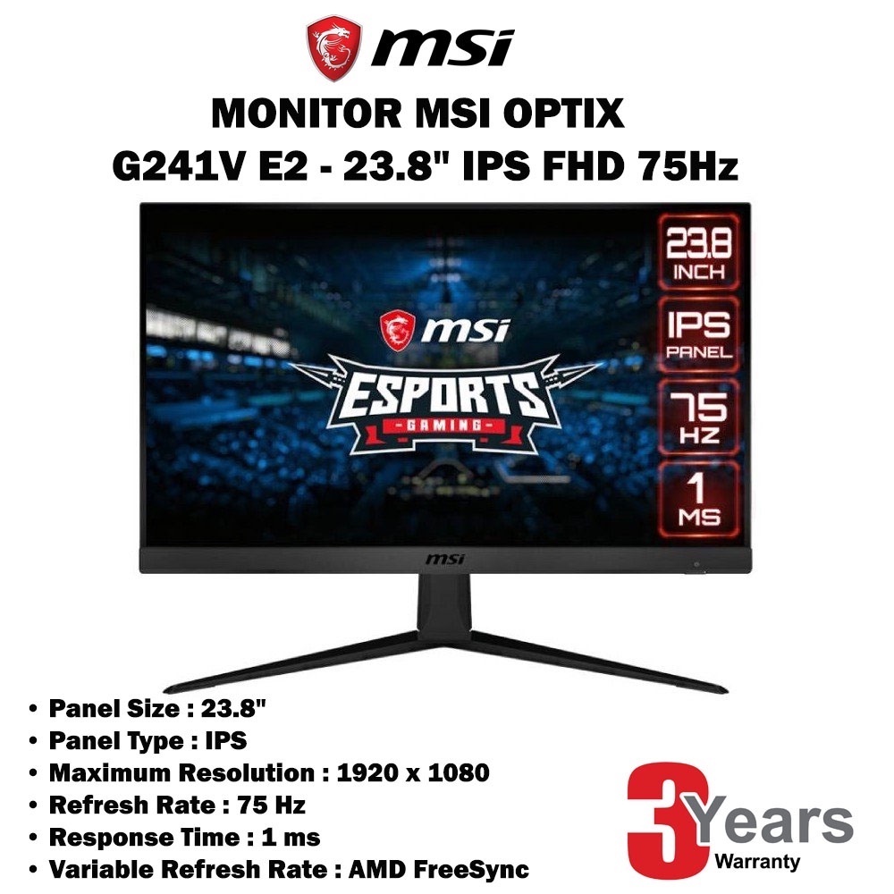 MONITOR MSI (จอมอนิเตอร์)Optix-G241V-E2 23.8"IPS (60CM),1920 X 1080 (FHD),75HZ,1MS,1X DISPLAY PORT (1.2A),1X HDMI (1.4)