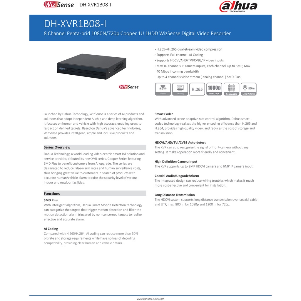 Dahua เครื่องบันทึก Cooper Series XVR1B04-I / XVR1B08-I / XVR1B16-I รองรับ5 ระบบ รองรับสูงสุด 2 MP