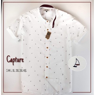 ⛵️⛵️เสื้อเชิ้ตแขนสั้น คอจีน ลายเรือใบ สีขาว มีถึงไซส์ 4XL