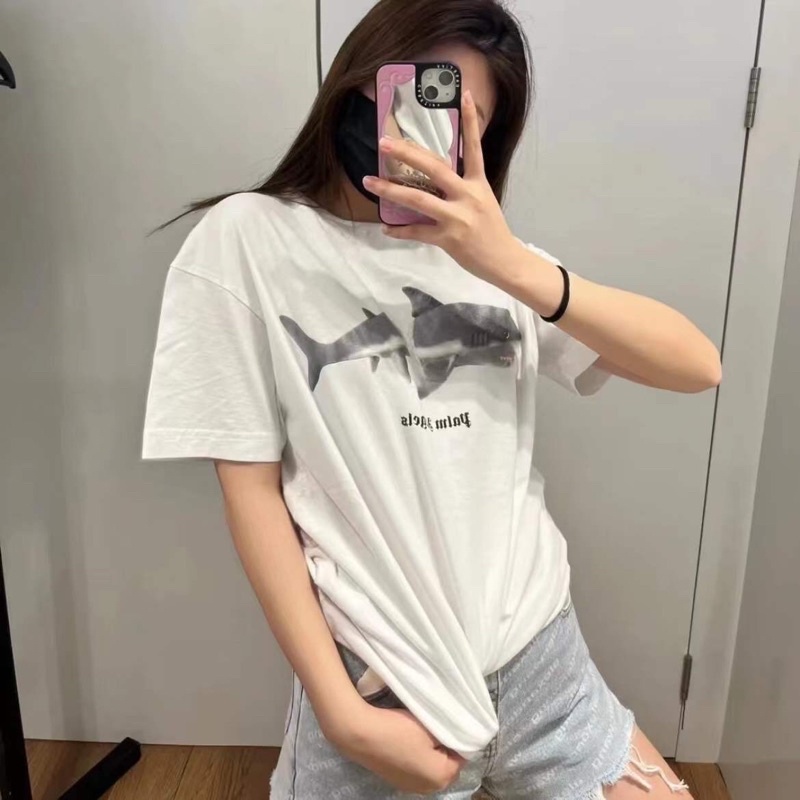 🌟st.f_shop🌟เสื้อยืด แขนสั้น คอกลม งานคอป้าย ลายฉลาม สกรีนหน้า-หลัง งาน free size มี ขาว ดำ อก42-44 ย