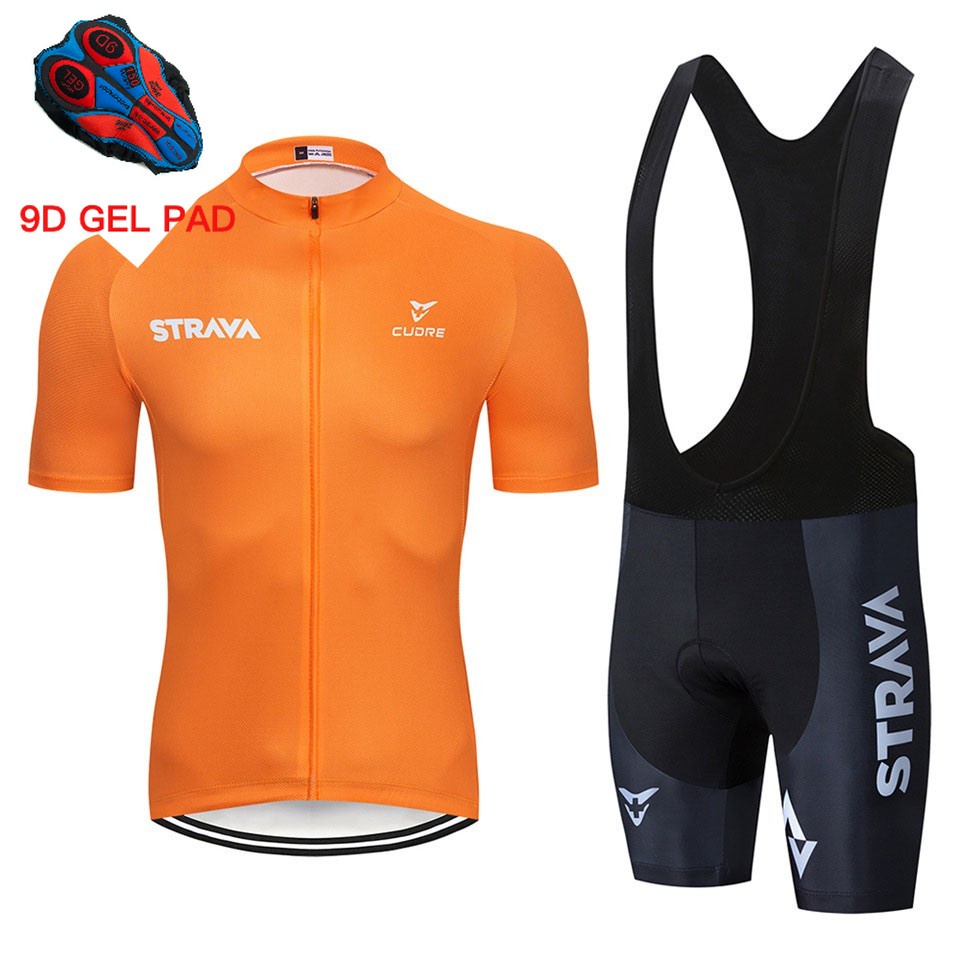 เสื้อปั่นจักรยาน with 9d gel pad STRAVA Road Bike Orange Short Sleeves Cycling Jerseys Set Breathabl