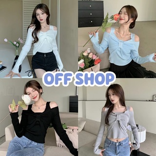 OFF SHOP พร้อมส่ง (OFF-11222) เสื้อเปิดไหล่มแขนยาว ดีเทลโบว์ตรงกลางน่ารักมาก