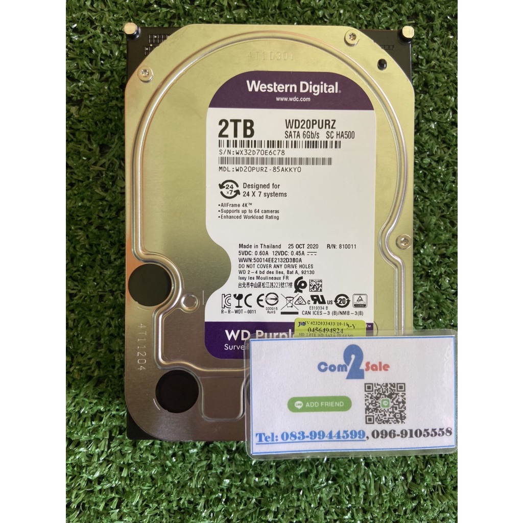 2 TB HDD CCTV WD PURPLE (5400RPM, 256MB, SATA-3, WD20PURZ) สำหรับกล้องวงจรปิด มือสอง ประกัน JIB