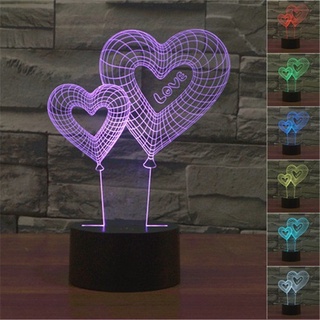 โคมไฟตั้งโต๊ะ LED รูปลูกโป่งหัวใจ 3D ไล่โทนสี 7 สี สําหรับคนรัก USB