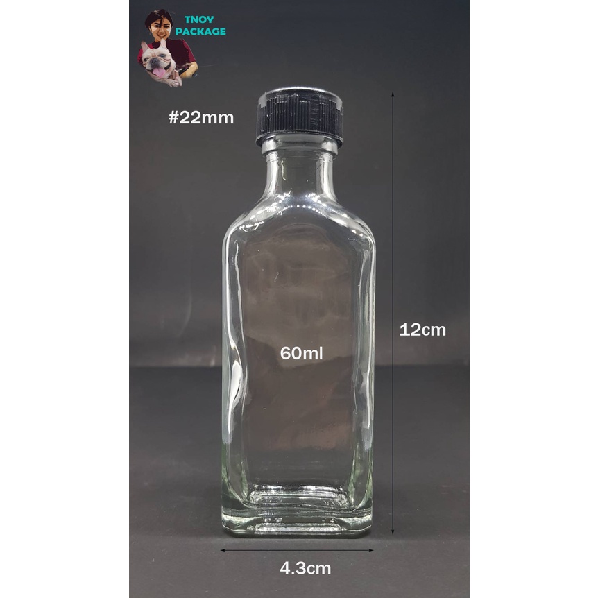 ขวด 60 มล. (12ใบ) ขวดแก้วแบน 60ml ขวดแก้ว ขวดใสแบนขนาด 60cc + ฝาโลหะ ฝาพลาสติก
