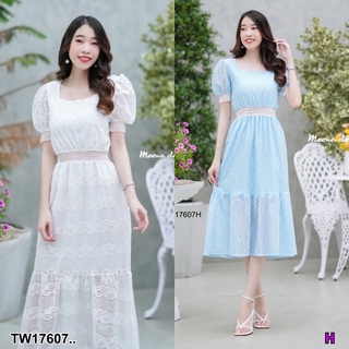 SS17607 Dress เดรสยาวมินิมอล ผ้าลูกไม้ คอเหลียมแขนพอง