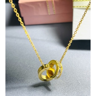 💫💫สร้อยคอจี้เพชรสวิสczล้อมวงสองวงลายคาร์เทียร์สแตนเลสแท้หุ้มทอง14K สีทอง สีพริ้งโกลด์ ขนาดจี้ 12x12mm.สร้อยยาว18นิ้ว