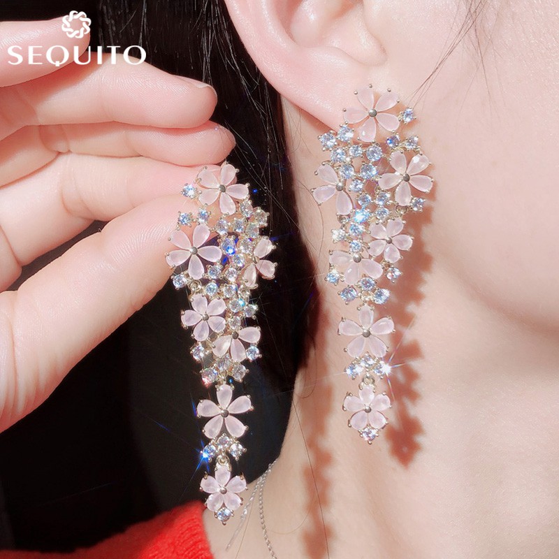 SEQUITO Gorgeous เซ็กซี่ดอกไม้ Statement Flawless Gold Plated เครื่องประดับ Brilliant Khaki Beige CZ