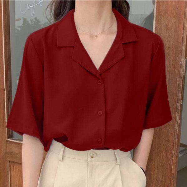 เสื้อเชิ้ตแขนสั้นสีแดง Unisex ใส่ได้ทั้งผู้ชายและหญิง เนื้อผ้าใส่สบายไม่ร้อนไซส์M-6XL