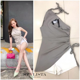 STYLISTA : set 3 ชิ้นเสื้อปาดไหล่ +เชือกผ้าคล้องคอ +กางเกงขาสั้น