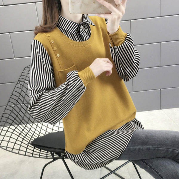 5 สีหนึ่งขนาดสาวเสื้อกันหนาวฤดูใบไม้ผลิฤดูใบไม้ร่วงฤดูหนาวเสื้อผ้านางฟ้ามากฝรั่งเศสบางเสื้อกันหนาวผู้หญิงหลวมสวมใส่ด้านนอกปลอมสองชิ้นด้านบนฤดูใบไม้ร่วงฤดูหนาวทุกกา