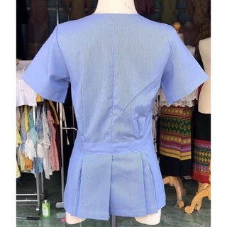 เสื้ออนามัยคอกลมริ้วฟ้า ปักตราและไม่ปักตรา พร้อมส่ง