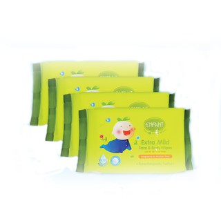 Enfant (อองฟองต์) Extra Mild Face &amp; Body Wipes ผ้าเช็ดทำความสะอาดแบบเปียก สูตรน้ำแร่บริสุทธิ์ 1แพ็ค/4ห่อ