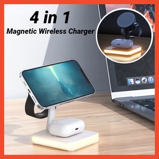 แท่นชาร์จไร้สาย 4 in 1 แท่นชาร์จแม่เหล็กไร้สาย Wireless Charger 15W แท่นชาร์จเร็ว พร้อมไฟกลางคืน LED