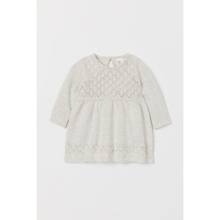 H&amp;M organic cotton เดรสแขนยาวเด็กผู้หญิง แบบไหมพรมถัก สีเทาอ่อน