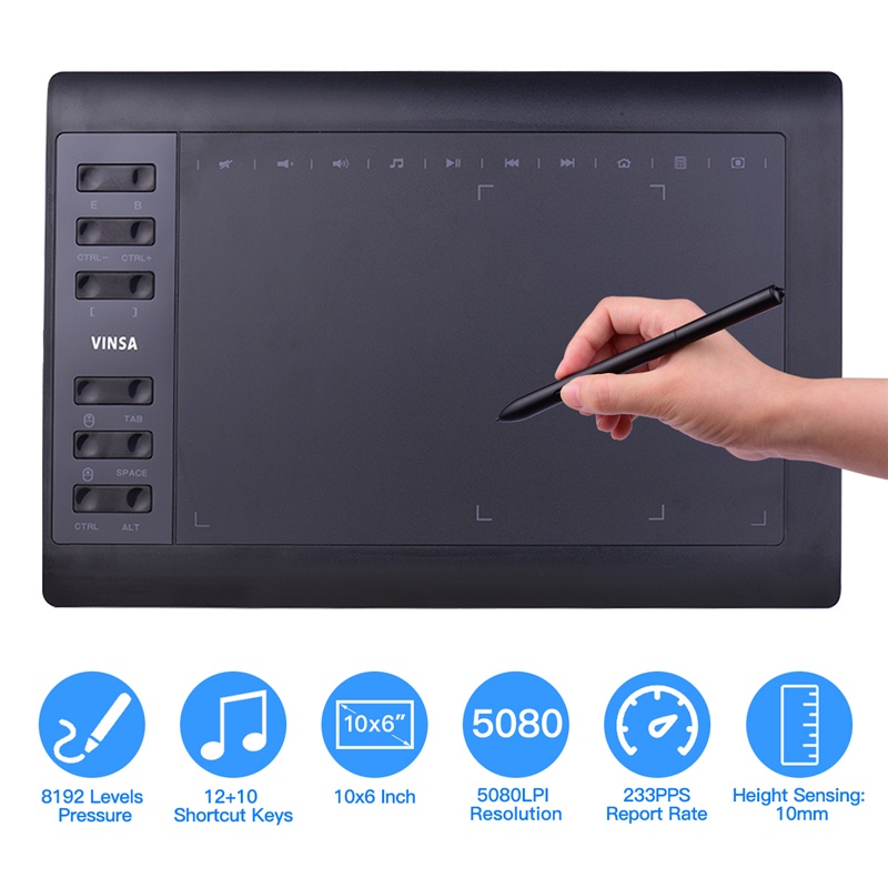 10x6" Professional Graphics Drawing Tablet 12 Express Keys 8192 Levels Battery-Free Stylus/8pcs Nibs