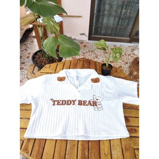 เสื้อcropหมีไหมพรมคอปกสีขาวTeddybear