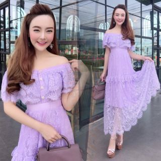 เดรสยาวเปิดไหล่สวยเก๋สีม่วง เชคก่อนสั่ง📌