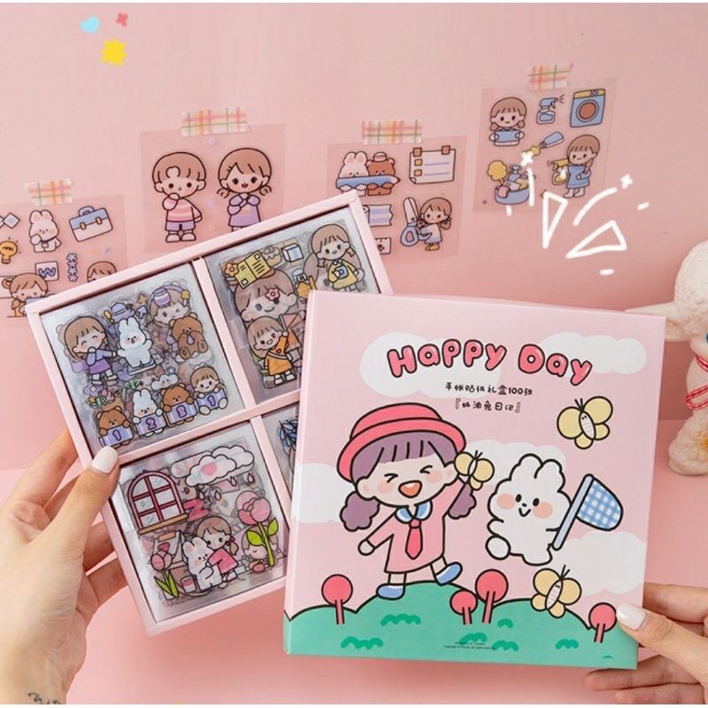 พร้อมส่ง???? Sticker Box Set 100 แผ่น ????Collection HappyDay????สติกเก