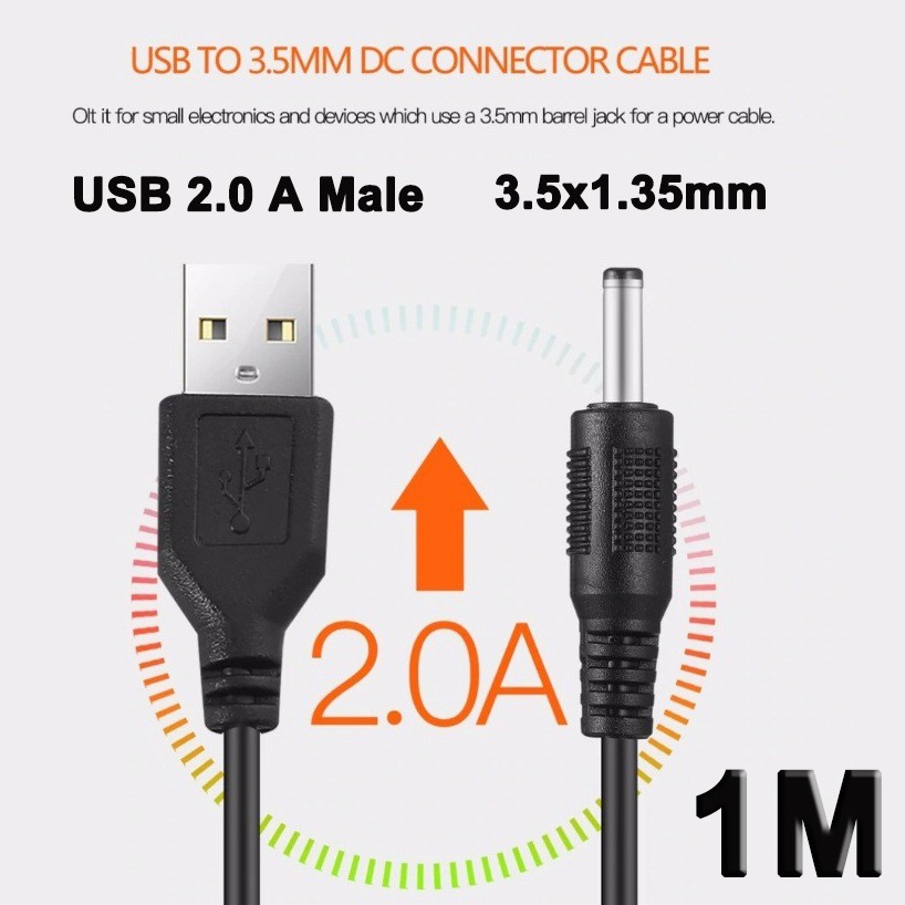 สาย USB 2.0 A Male To 3.5x1.35mm (100cm) 3.5mm Plug Barrel Jack 5V DC Power Supply Cord  Adapter  Ca