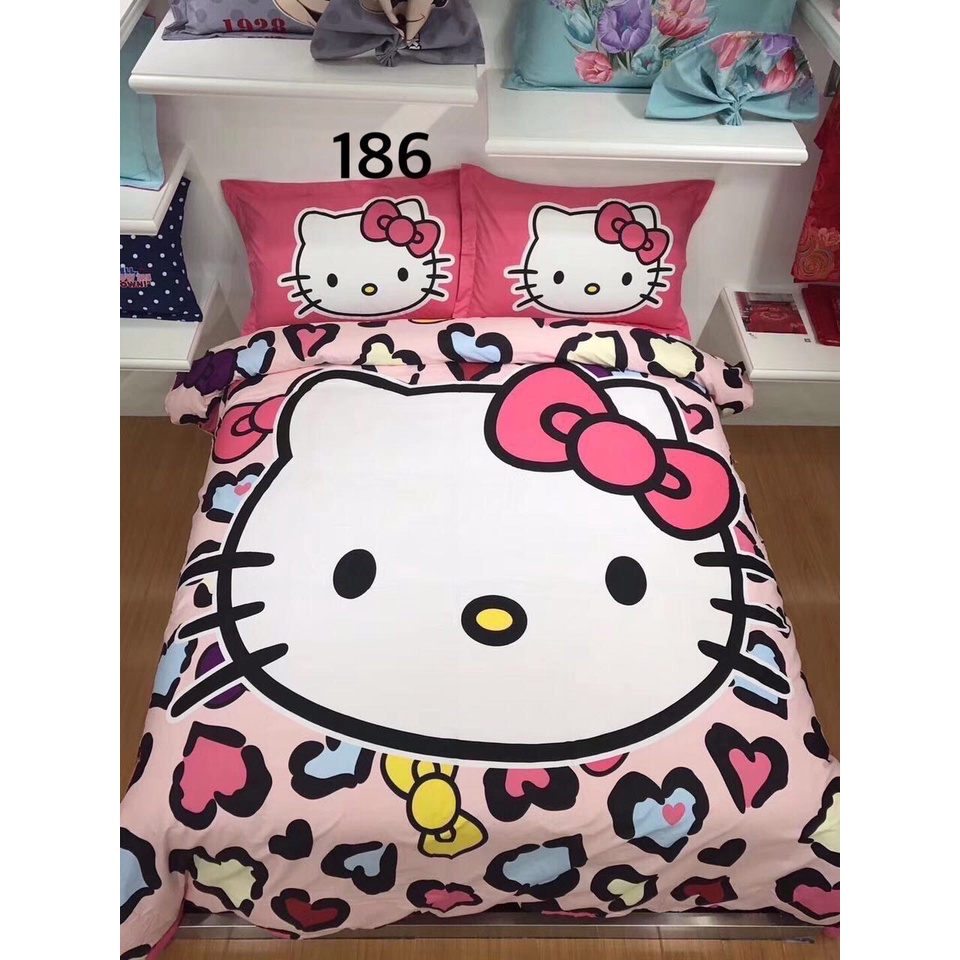 ชุดเครื่องนอนลายการ์ตูนคิตตี้หลากหลายแบบ เก๋ๆ ขนาด 3.5,5,6 ฟุต ผ้าปูที่นอน+ผ้านวม