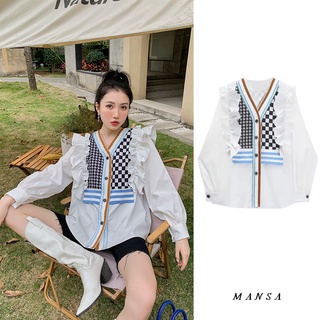 MANSA plaid ruffled shirt เสื้อเชิ้ตลายสก็อต เสื้อผ้าผู้หญิง เสื้อโอเวอร์ไซส์ เสื้อเชิ้ตแขนยาว