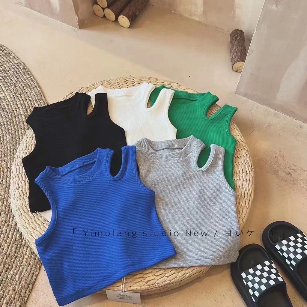 เสื้อสายเดี่ยว แขนกุด แต่งรูกลวง สีแคนดี้ แฟชั่นฤดูร้อน