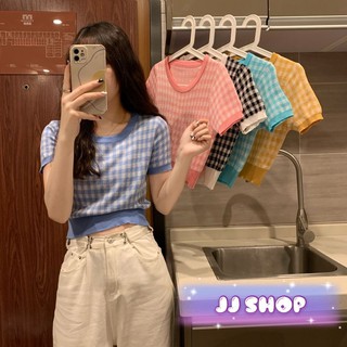 JJ Shop💜พร้อมส่ง เสื้อไหมพรมคอกลม แขนสั้นจั้มเอวลายตารางน่ารัก (5549-2) -N