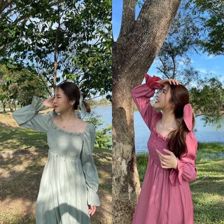 💗💗เดรสสม็อคช่วงอก ยืดเยอะมาก แขนพอง ใส่แบบเปิดไหล่หรือปิดไหล่แขนตุ๊กตา