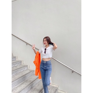 กางเกงยีนส์ ทรงกระบอก เอวสูง ผ้ายืด