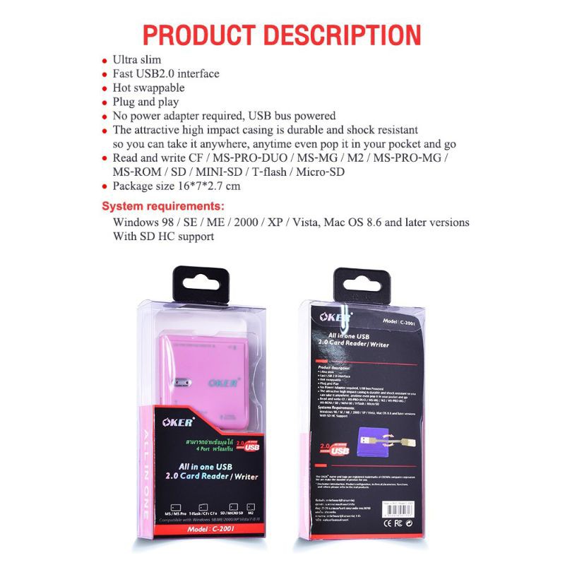 OKer  อุปกรณ์อ่านการ์ด All in one, USB 2.0 Card Reader / Writer รุ่นoker C-2001