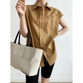 Cicishop(1162) เสื้อเชิ้ตแขนกุด oversize คอปก มีการะเป๋าหน้าผ้าคอตตอนเนื้อดี เก๋ๆ โคเรียมากเวอร์