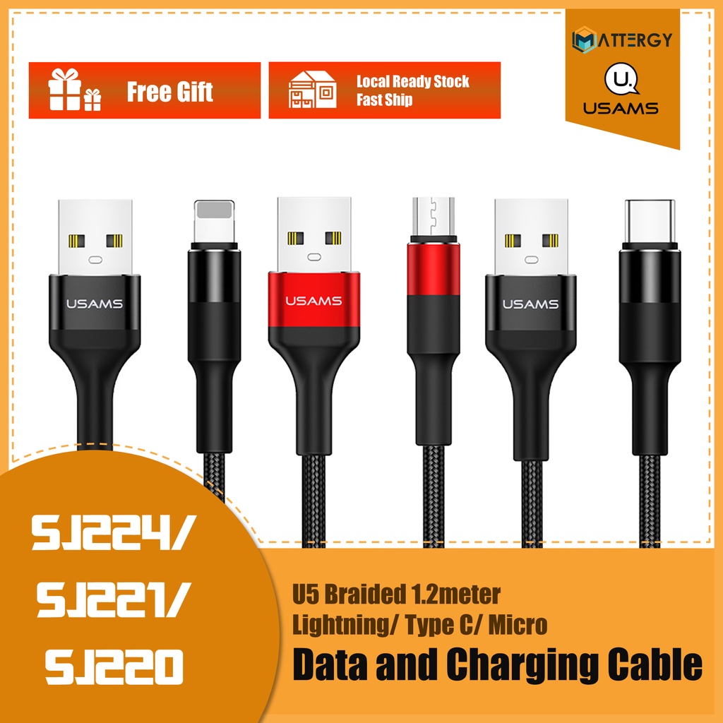 USAMS 1.2 เมตร Fast Charging และ Data Transfer สายถัก U5 SJ224 USB Micro/ SJ221 Type C/ SJ220