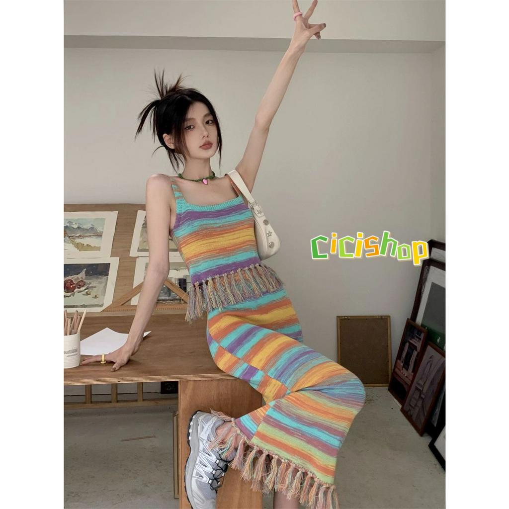 Cicishop(T2205)Knitting Set เซตสายเดี่ยว+กระโปรงยาว แต่งชายเก๋ๆ ลายทางเหมาะกับช่วง summer มากๆ