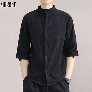 Suikone เสื้อเชิ้ตแขนสั้นผู้ชายผ้าลินินทรงหลวม