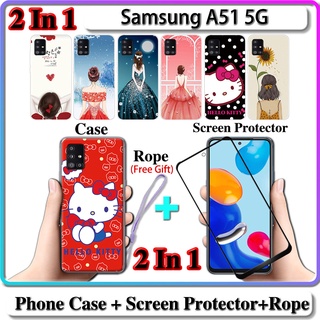 2 IN 1 เคส Samsung A51 5G เคส พร้อมกระจกนิรภัยโค้ง ป้องกันหน้าจอเซรามิค สําหรับเด็กผู้หญิง และคิตตี้