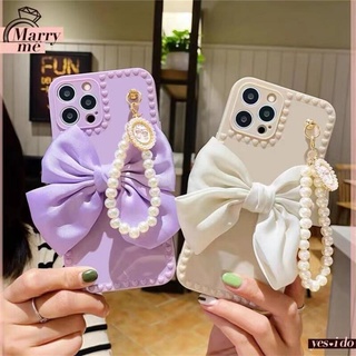 เคสโทรศัพท์มือถือ แบบนิ่ม ประดับโบว์ และไข่มุก พร้อมสายคล้องมือ สําหรับ iPhone 13 12 11 Pro Max 13 X XR XS Max 6 S 7 8 Plus