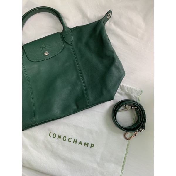 used like new Longchamp cuir หนังแกะ แท้ 1000000% size M สีเขียวเหนี่ยวทรัพย์💚