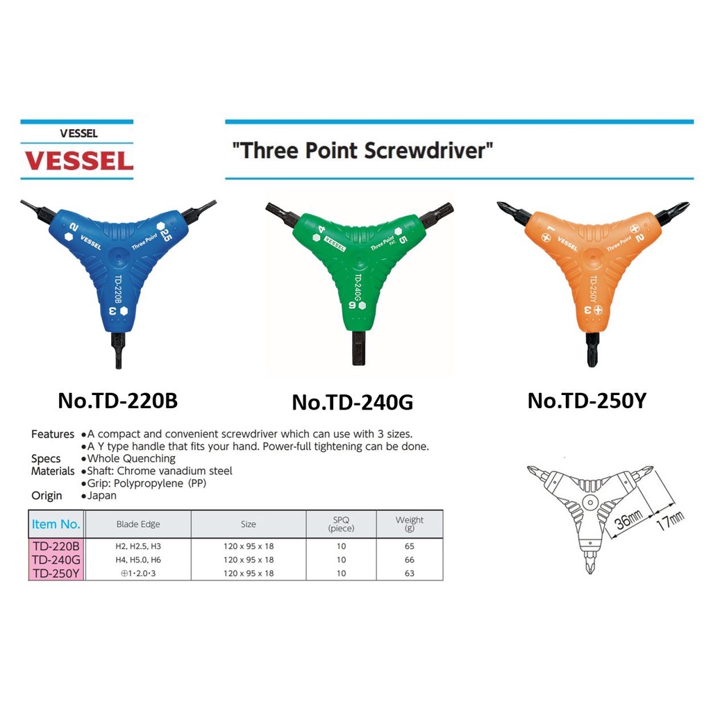 VESSEL Japan ไขควงเล็ก ไขควงสั้น ไขควงจิ๋ว ไขควงญี่ปุ่น ไขควง3เหลี่ยม หกเหลี่ยม TD-220B TD-240G TD-2