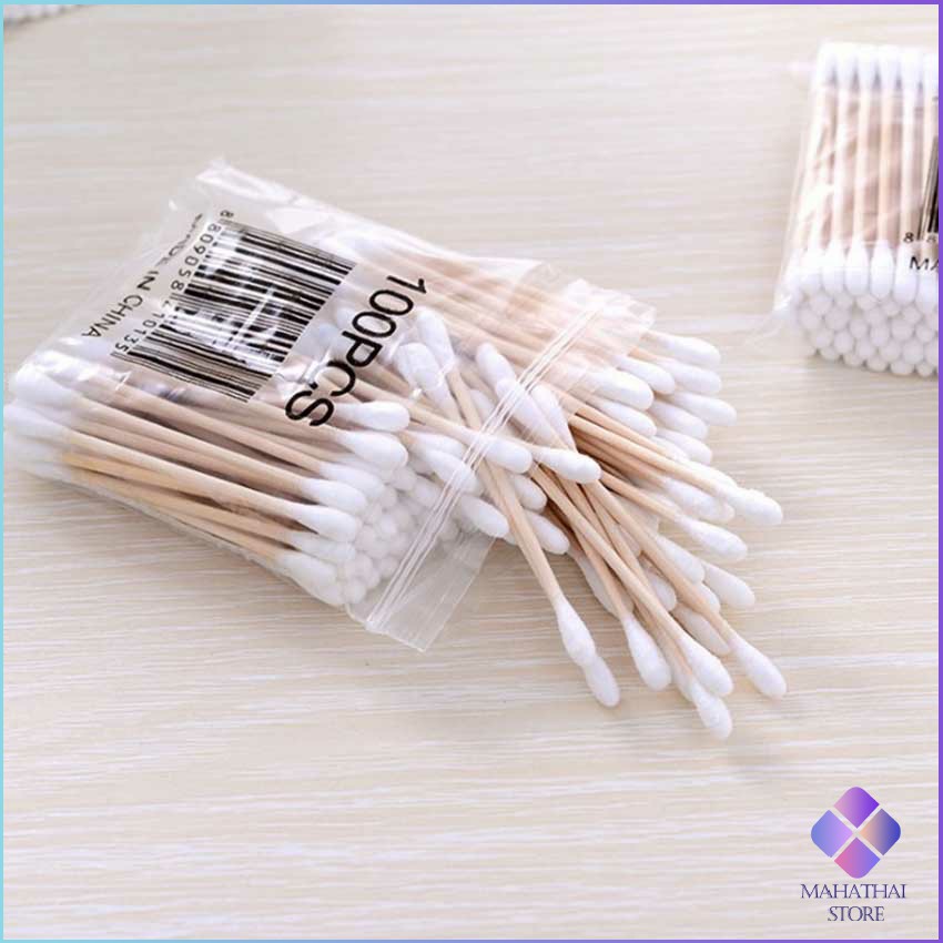 Mahathai สำลีก้านด้ามไม้  หัวคู่คัตเติ้ลบัต สำลีแบบไม้  1 แพ็ค บรรจุ 80 ก้าน Cotton swab