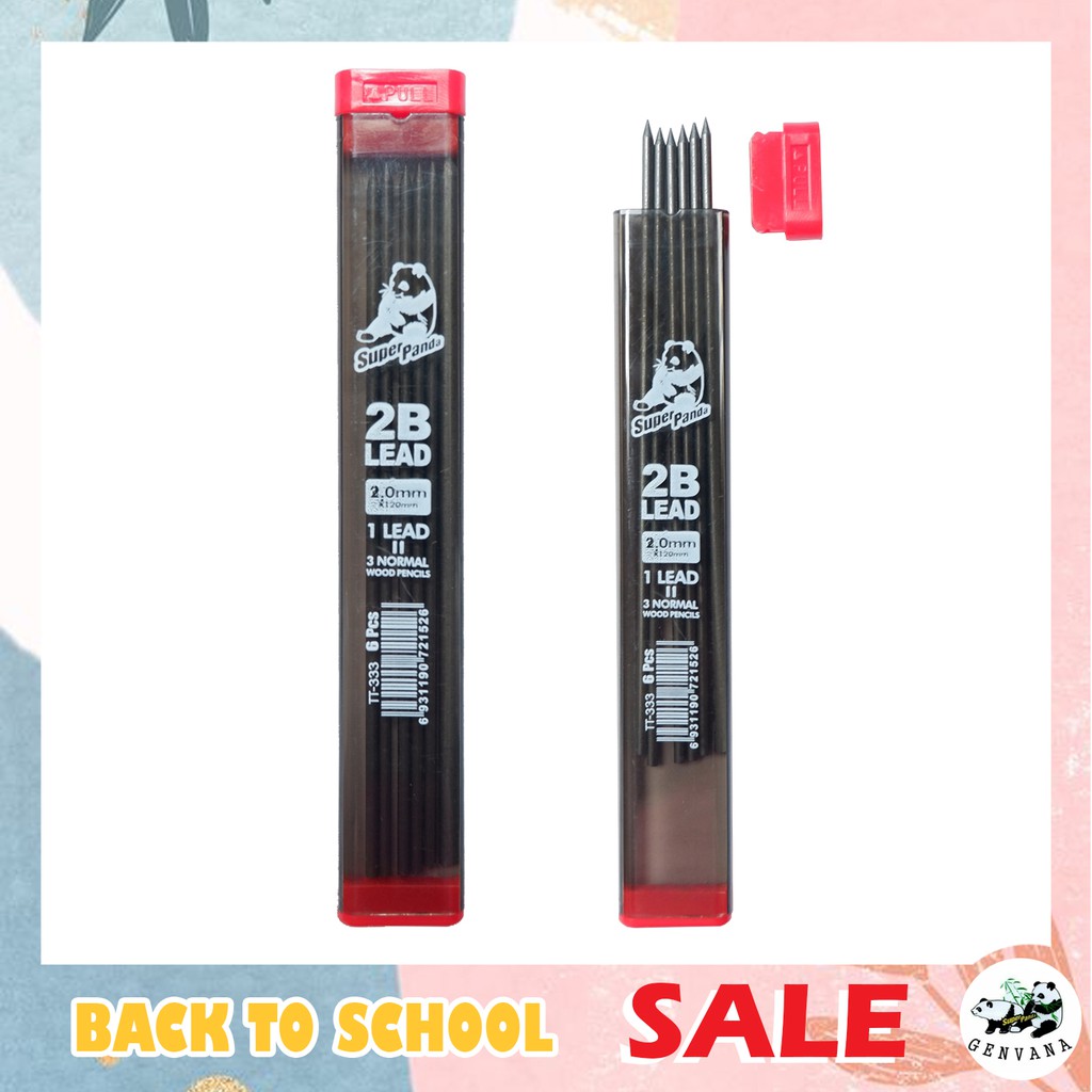 ไส้ดินสอ 2B 2มิล (ไส้กลม) Super panda (GENVANA) 6 ไส้ ยาว 12 ซม. (333) ไส้ดินสอกด ไส้ดินสอ2.0มม.