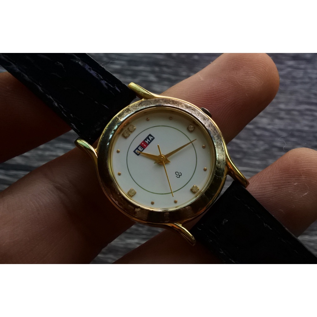 นาฬิกา Vintage มือสองญี่ปุ่น SEIKO SEIHA Quartz ผู้หญิงสีขาว สายหนัง ใช้งานได้ปกติ สภาพดี ของแท้ 100% เปลี่ยนถ่านใหม่