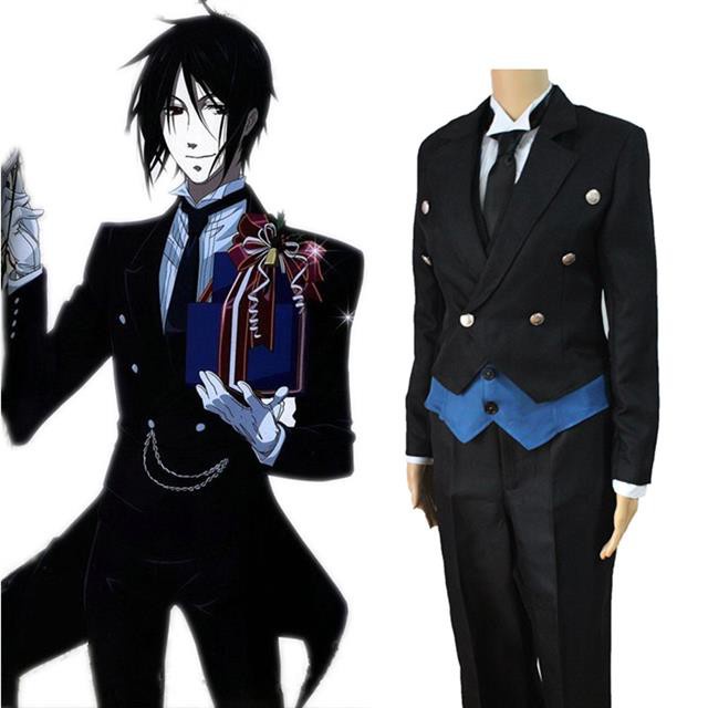 Black Butler Cosplay Anime Kuroshitsuji Sebastian Michaelis Cosplay Costume Uniforms Coat + Vest + Shirt + Pants + Tie +