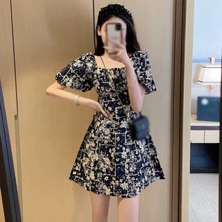 Summer New Women Mini Dress Floral Printed Flowy Dress Square Neck A-Line Puff Sleeve Slim Fit Casual Party Dress Fashionable Dress