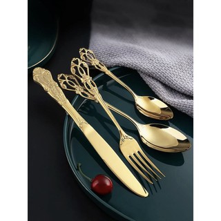 ช้อน ส้อม มีด ช้อนขนม สีทอง Golden Hollow Royal Cutlery